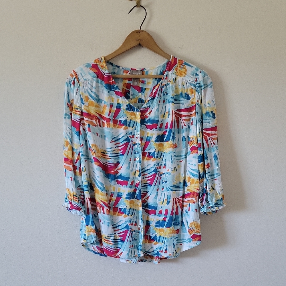 Chico's Bright Blue Pink Yellow Leaf Print Button Down Blouse Size Medium‎